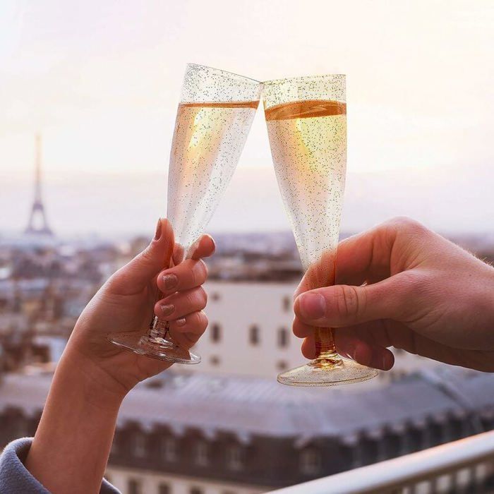 Lot De 12 Flûtes à Champagne En Plastique Pailleté Transparent - 6 Oz (17 Cl) - Bord Argenté - Pour Fête, Mariage