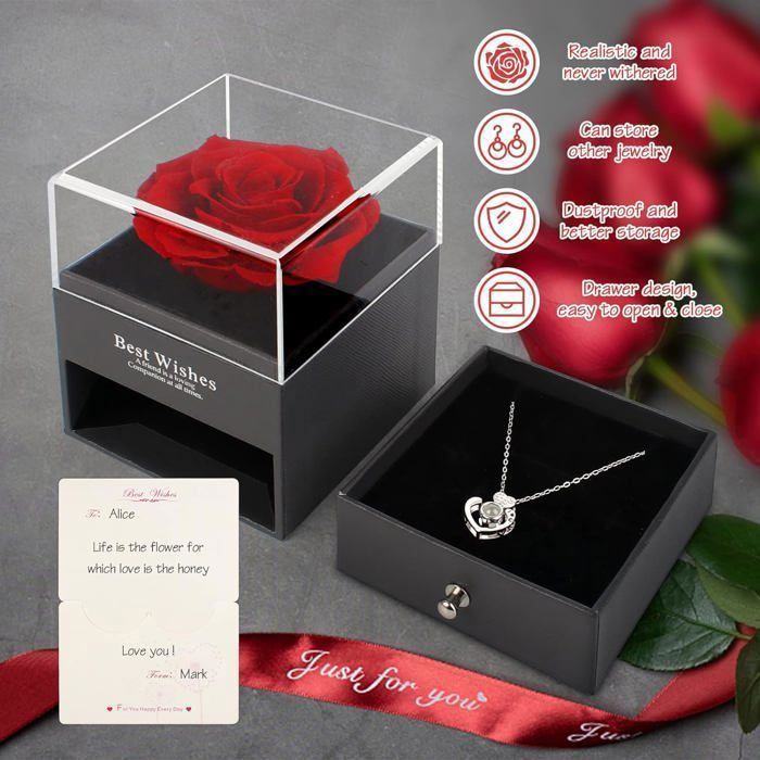 Rose éternelle Bleue Avec Collier Cœur - Coffret Cadeau Luxe Pour Femmes, épouse, Maman, Sœur - Saint-Valentin, Noël, Anniversaire