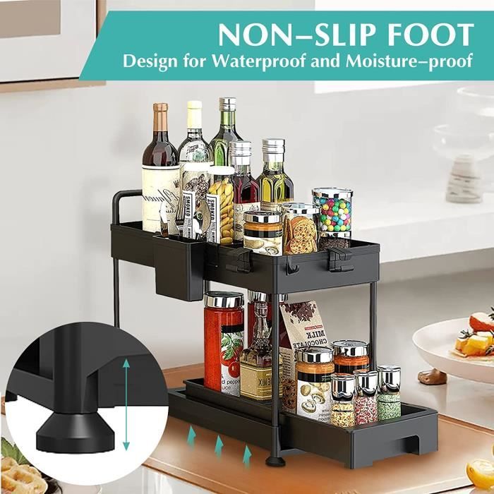 FAOKZE Rangement Sous Évier 2 Niveaux - Organisateur Coulissant Cuisine Métal, Tiroirs Extensibles