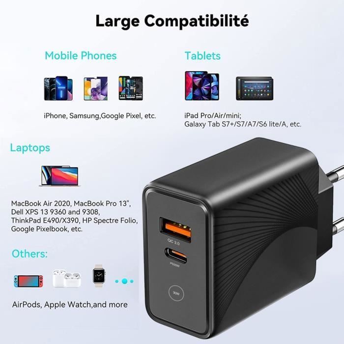 Chargeur Rapide 30W 2 Ports USB-C Et USB-A Avec Câble 1m - Compatible IPhone 15, Redmi, Etc.