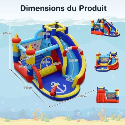 Château aquatique gonflable 4m pour 3-4 enfants – Toboggan, mur d'escalade, piscine – Dimensions L400 x P300 x H250 cm – Soufflerie 450W – Play4Fun