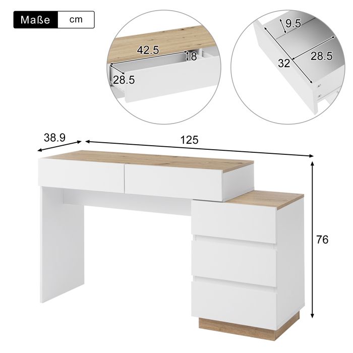 Coiffeuse Blanche 5 Tiroirs Avec Motif Ondulé - Design Modulable Gauche/droite - 90x40x73.5cm