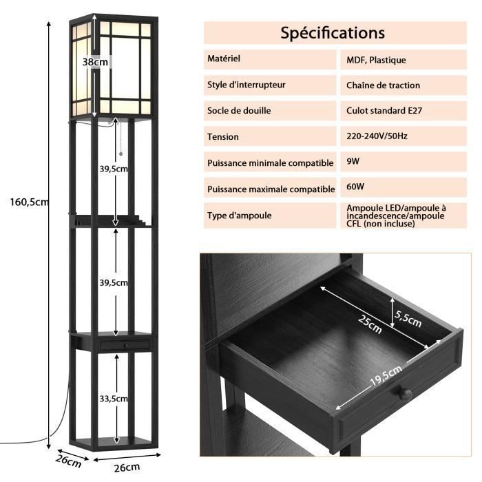 LIWI-Lampadaire Salon, 1.6M Lampadaire avec étagères et Ampoule LED, 3