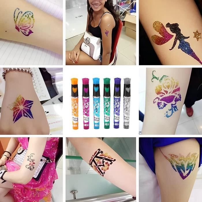 Kit Tatouage Paillettes Pour Enfants – 6 Stylos 10 Pochoirs (100 Motifs), Lavable, Parfait Carnaval, Halloween, Fête Activité Créative Fête Anniversaire