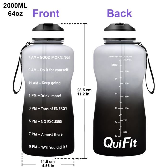 GOURDE,Black-1,3L--bouteille'eau en Tritan, 2l, 1,3 l, 64OZ, 43oz, avec  marquage de paille et de temps, sans BPA, Shaker de protéine