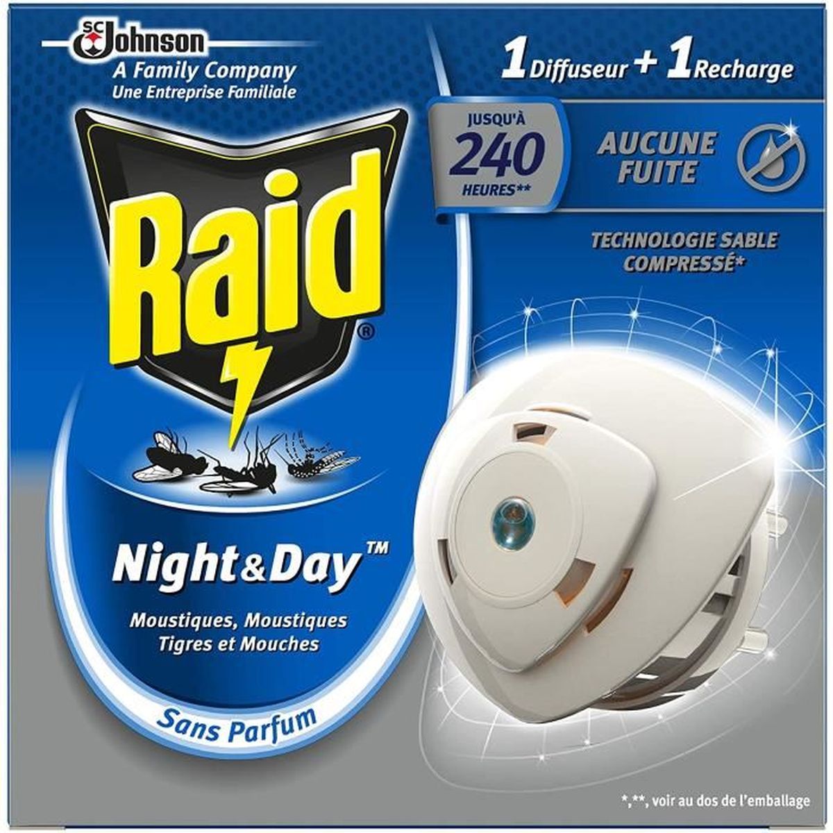 Raid Diffuseur Électrique Night&Day Mouches, Moustiques Et Moustiques Tigres, 1 Diffuseur + 1 Raid Diffuseur Électrique Night&Day Mouches, Moustiques Et Moustiques Tigres, 1 Diffuseur + 1