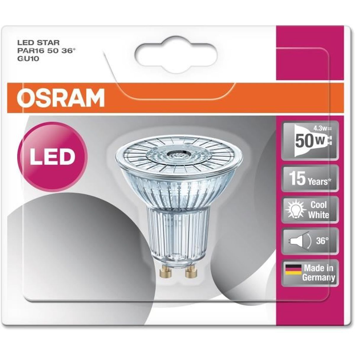 OSRAM Ampoule Spot LED PAR16 GU10 4,3 W équivalent à 50 W blanc froid