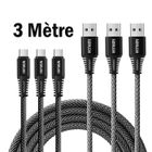 BRAND Lot de 3 - 3m/300cm/10ft - Cable USB TYPE-C Tressé Nylon Pour Samsung Huawei Xiaomo,Honor,OnePlus,Wiko (Noir) - KENUOS PRO
