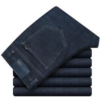 Pantalon Homme en Jeans Coupe Droite Stretch Jean Business Taille Haute Effet Délavé Automne Hiver - Bleu foncé