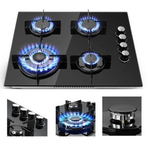 Table De Cuisson Gaz Encastrable 4 Feux - Double Couronne - Verre Noir - 7800W