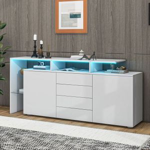 Buffet Salon Contemporain Blanc, Meuble TV à éclairage LED, Armoire Cabinet 2 Portes 4 Tiroirs, Etagère en verre, 160x35x70cm