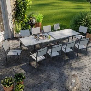 Ensemble table et chaise de jardin Table de jardin extensible aluminium 270cm + 10 fauteuils empilables textilène anthracite gris - LIO