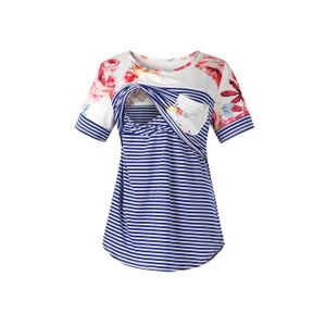 T-SHIRT T-shirt de maternité à manches courtes à rayures imprimées vêtements d'allaitement haut de maternité Bleu