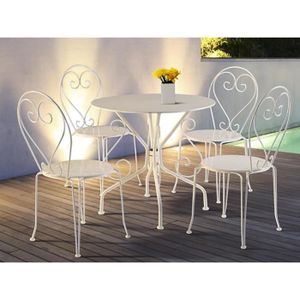 Ensemble table et chaise de jardin Ensemble table et chaises de jardin en métal façon fer forgé - GUERMANTES - Blanc - Solide et facile d'entretien