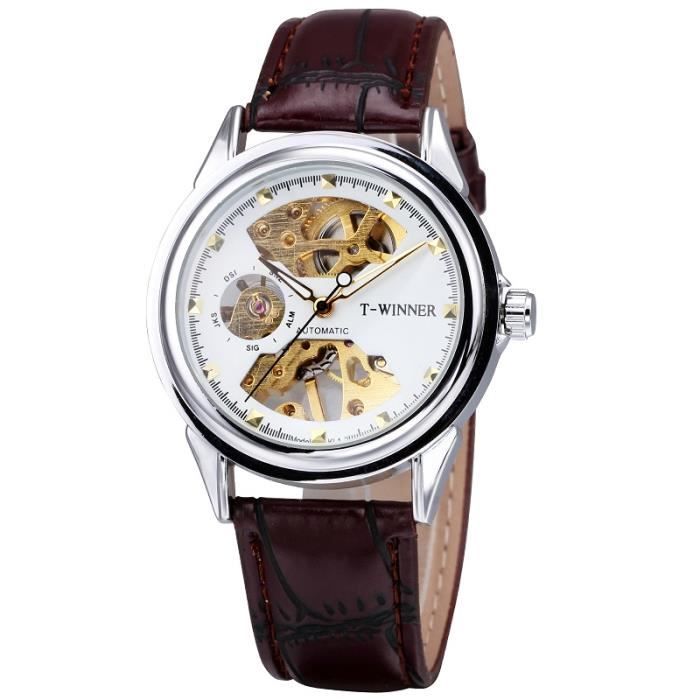 De Hommes Mécanique Bracelet Cuir Mode Squelette Cadran Lumineux Mains Unique Conception Relojes hombre + BOÎTE BROWN SILVER WHITE