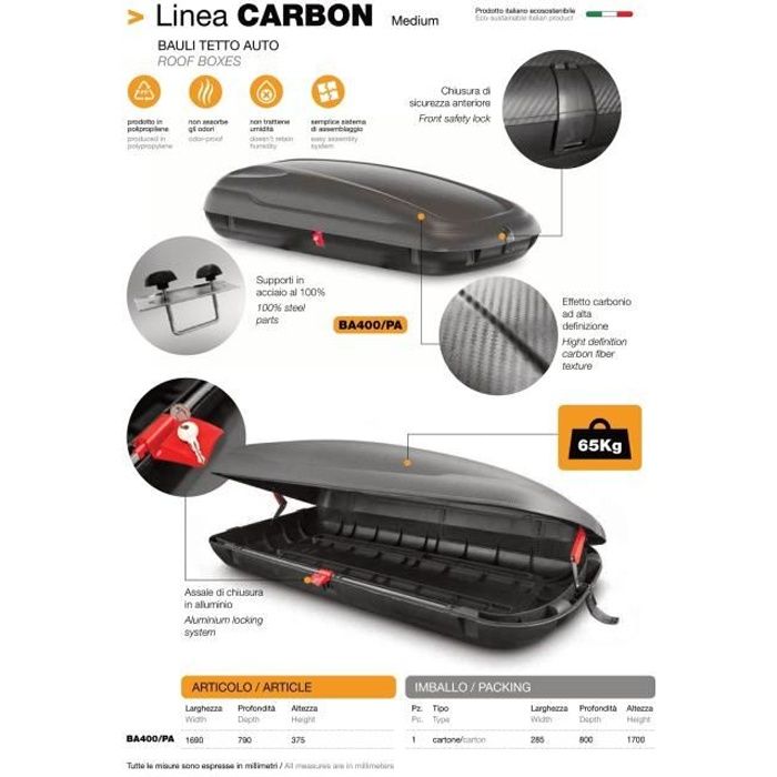 Coffre de toit coffre pour voiture universel 400 litres carbone look double fermeture dimensions 1690 x 790 x 375 mm