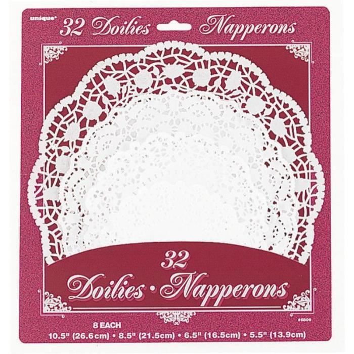 Lot de 32 napperons ronds en papier blanc 4 modèles assortis