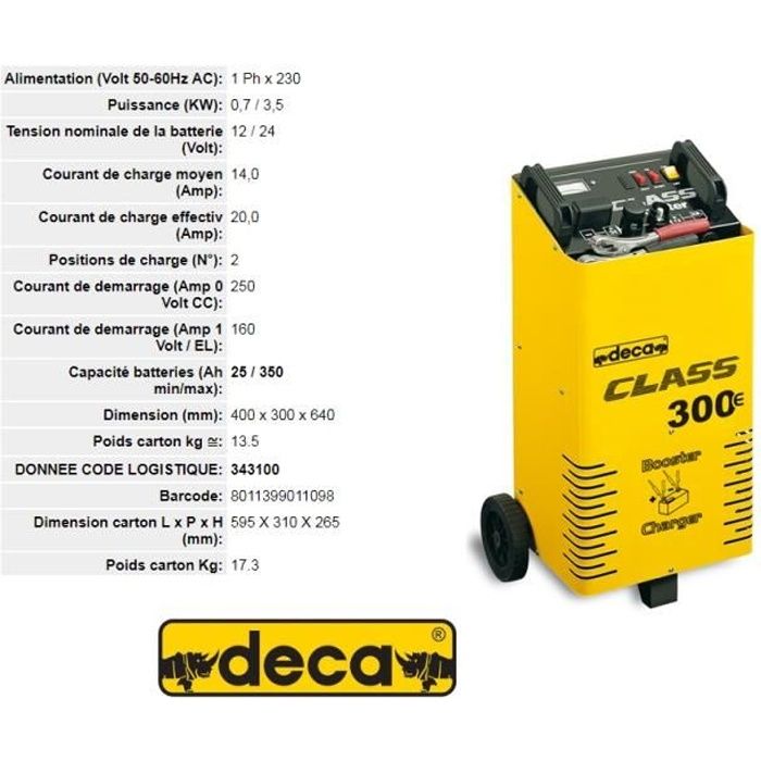 Chargeur portable avec démarreur instantané Batteries 12 - 24 Volt, 25 > 350 Ah - Deca - CLASS BOOSTER 300E