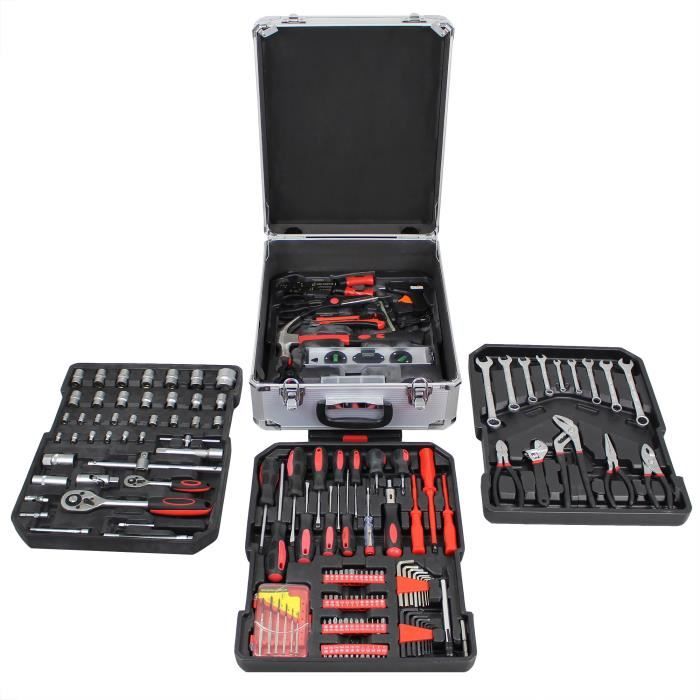 Malette à Outils, Valise de Bricolage, 251 outils, Avec mallette en aluminium et poignée télescopique, Matériau: Acier au carbone