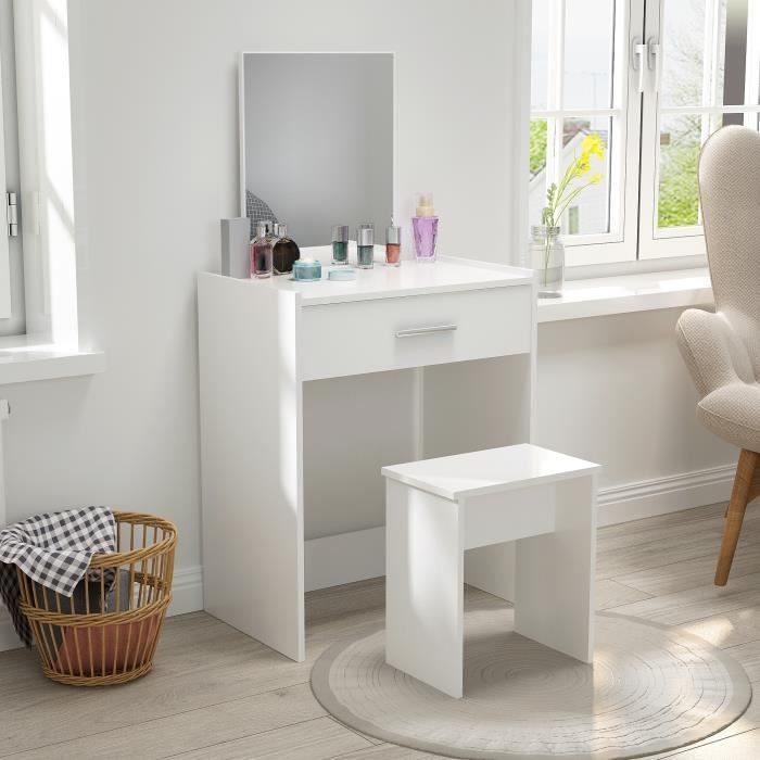 Coiffeuse avec Tabouret - Ensemble de Table de Maquillage - Bois, Miroir, Grand Tiroir - Blanc - Mondeer