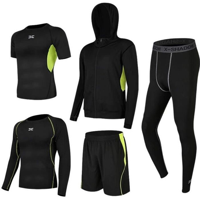Ensembles De Sport de Suduation de Fitness Vêtements Entraînement Doux Séchage Rapide Respirant Course à Pied pour Homme 5 pcs Vert