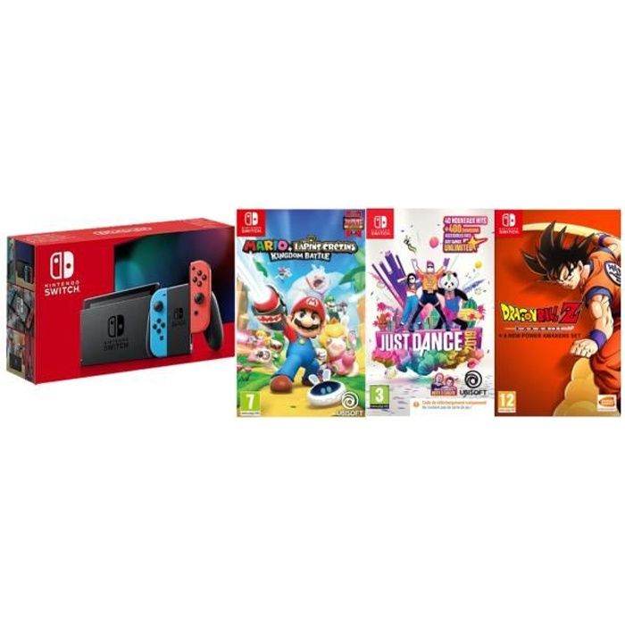 Pack Nintendo Switch + Just Dance 2019 + Dragon Ball Z + Mario Lapins Crétins kingdom Battle