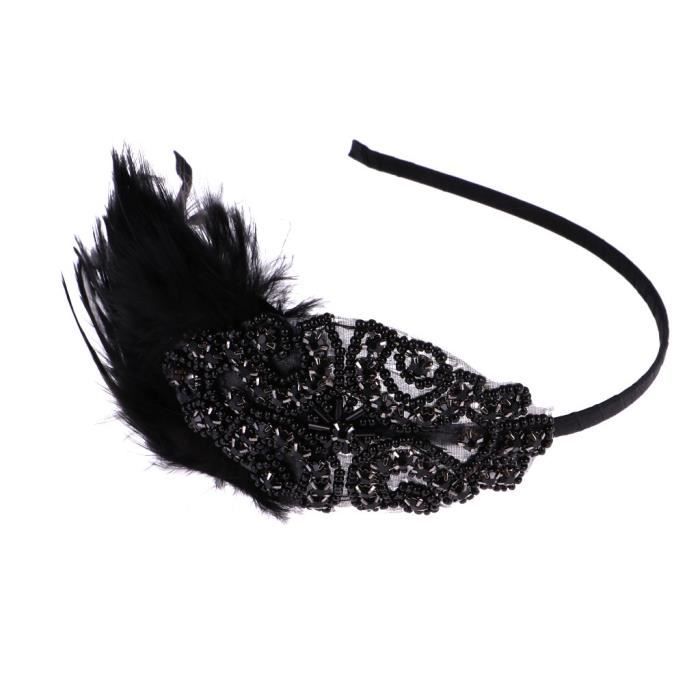 Femme Bandeau Vintage Plume Applique Perles Noir Serre-tête Style des Années 1920