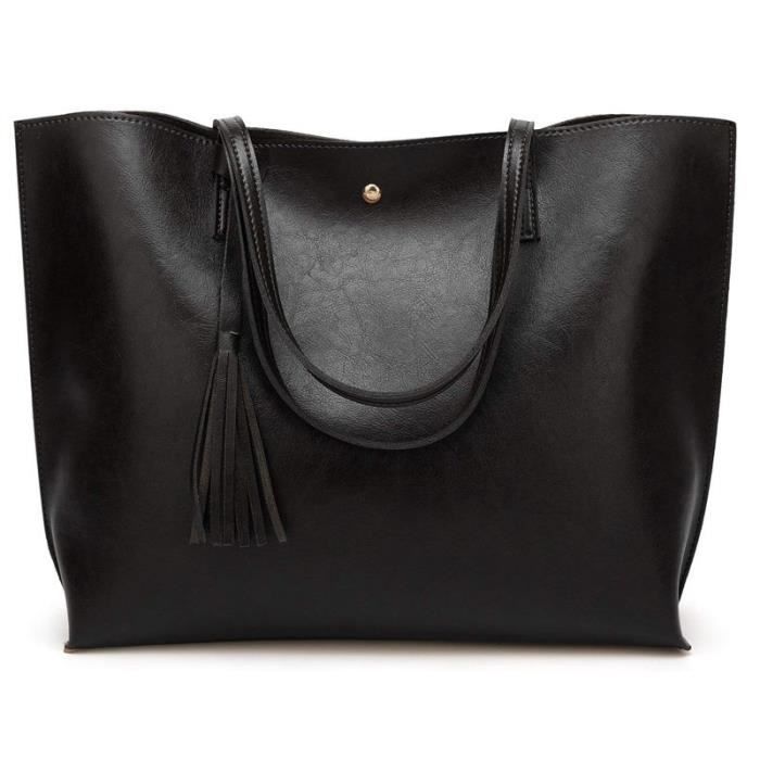 Grand Sac a Main Femme PU en Cuir, Sac Fourre-Tout Portes Epaule Bandouliere Simple(Noir)