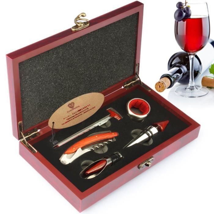 TD® Coffret en Bois Ensemble Ouvre-Bouteille,Bouchon à Vin,Bec verseur,Anneau de Vin et Thermomètre/Coffret Cadeau Accessoires à Vin