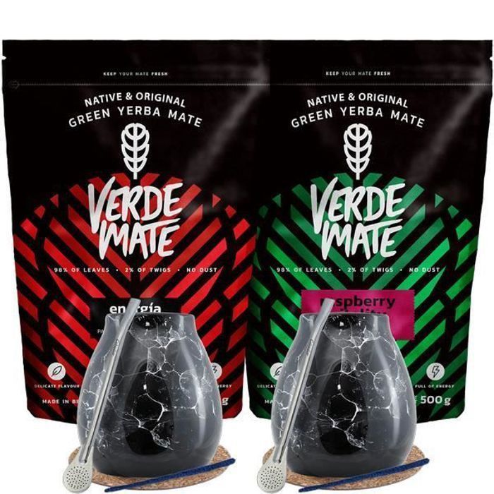 Yerba Mate 1 kg Fruite Kit Verde Mate Framboise Guarana Non Fumé 2 x 500g + Calebasse Maté Noir 300 ml + Bombilla Mercedes