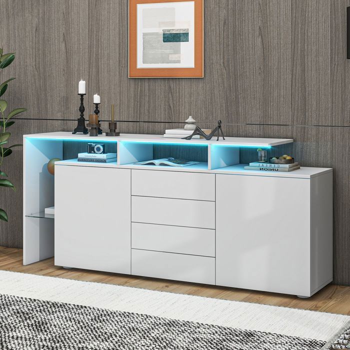 Commode Blanche 3 Portes & 4 Tiroirs - Meuble Rangement Salon/Chambre 140x40x80cm - Bois Massif - FirFurd
