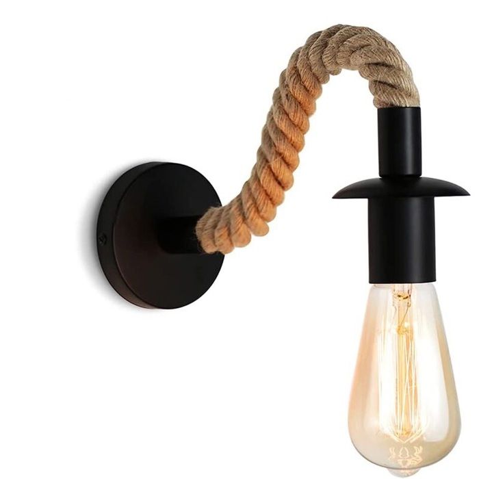 Applique murale Vintage en corde de chanvre Applique murale industrielle idéal E27 luminaire Ampoule non incluse 110/220V (Noir)