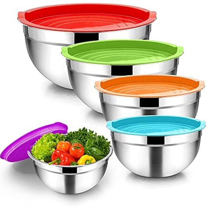 Bol à MéLanger 5PièCes Saladier en Acier Inoxydable Bol de Service Empilable avec Couvercles HerméTiques pour la Cuisine la