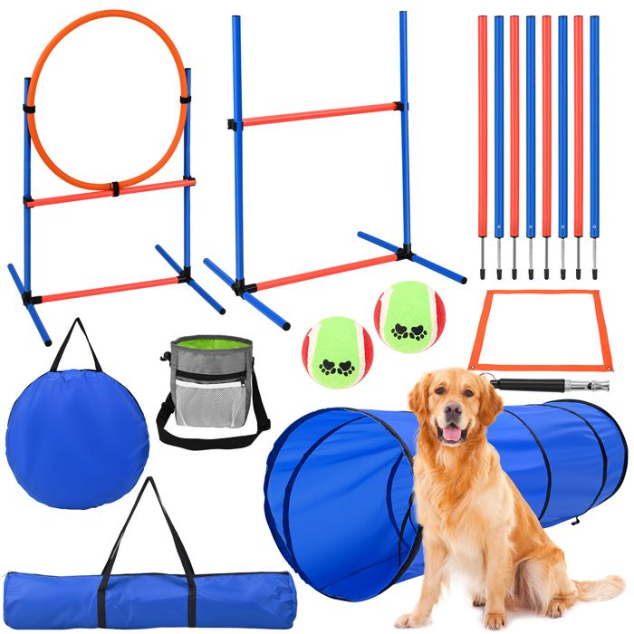 Comparer les prix de Agility Sport pour Chiens équipement Complet Obstacle, Tunnel, Slalom, Zone Repos + Sac de Transport Bleu Jaune