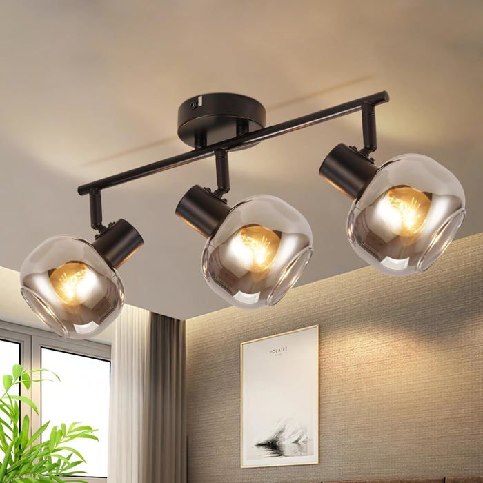 Homefire Plafonnier Noir 3 Ampoules - Verre Moderne Pivotant à 350° E14 Spot Lampe de Cuisine pour Couloir Cuisine Salon Chambre