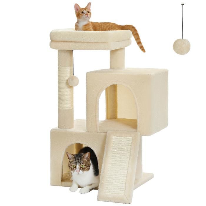 Comparer les prix de PAWZ Road Petit Arbre a Chat avec 2 Condos Douillets, Perchoir Moelleux, Poteaux en Sisal & Pompons Suspendus, 77 cm, Beige