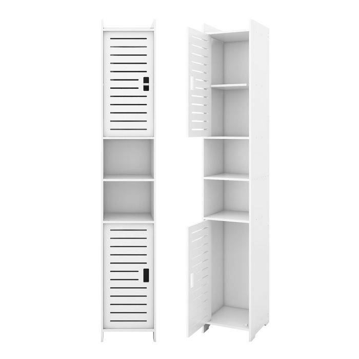 Colone D'angle De Salle De Bain - 2 Compartiments Ouverts Et 2 Portes Etageres Reglables Blanc