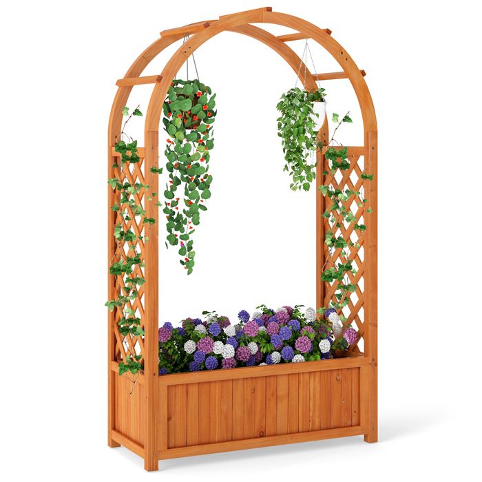 COSTWAY Jardinière Surélevé en Bois de Sapin Treillis pour Plantes Grimpantes Toit Arqué Doublure Drainage Intérieur Extérieur