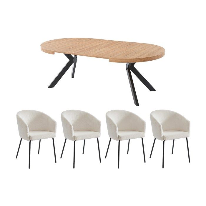 Ensemble table KOMONI + 4 chaises MORONI - Naturel et crème Ensemble table KOMONI + 4 chaises MORONI - Naturel et crème