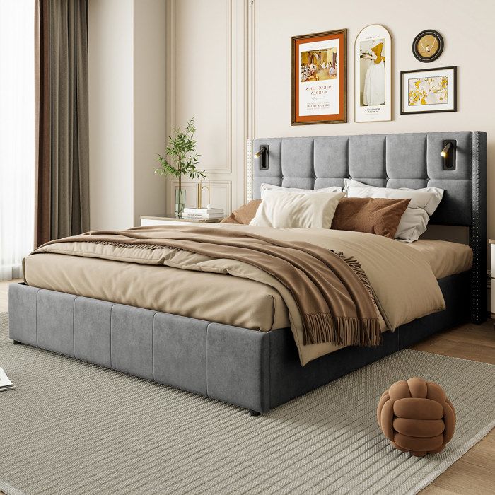 Lit coffre 140x200 cm velours gris — tête de lit avec 2 lampes lecture LED et rangement hydraulique