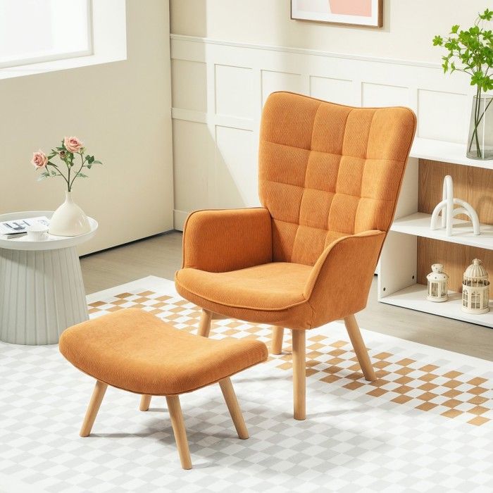 Fauteuil salon marron velours côtelé capitonné avec tabouret - dossier haut et pieds en bois - style rétro confortable