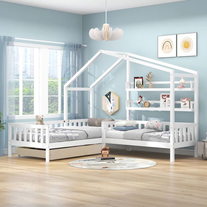 Merax Lit Cabane Enfant Double en L avec Tiroirs et Étagères Bois Massif avec Barrières et Sommier Blanc 90x200 + 140x70 cm Merax Lit Cabane Enfant Double en L avec Tiroirs et Étagères Bois Massif avec Barrières et Sommier Blanc 90x200 + 140x70 cm