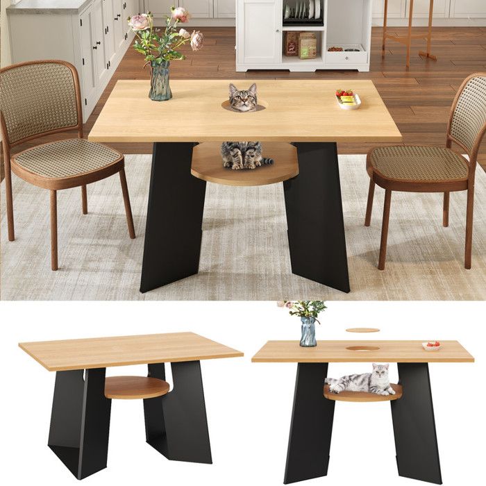 Comparer les prix de Table à Manger  Interactive Chat - Ouverture 20cm - 130x85cm - Bois Naturel et Noir - Pour 6 Personnes - Facile à Nettoyer