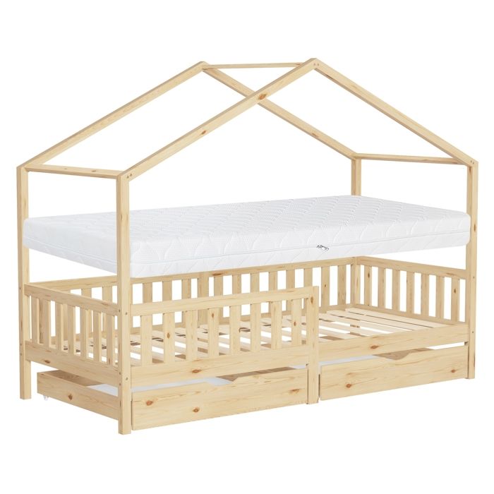 Lit cabane enfant ML-Design 90x200cm naturel avec matelas H16 tiroirs antichute toit sommier à latte