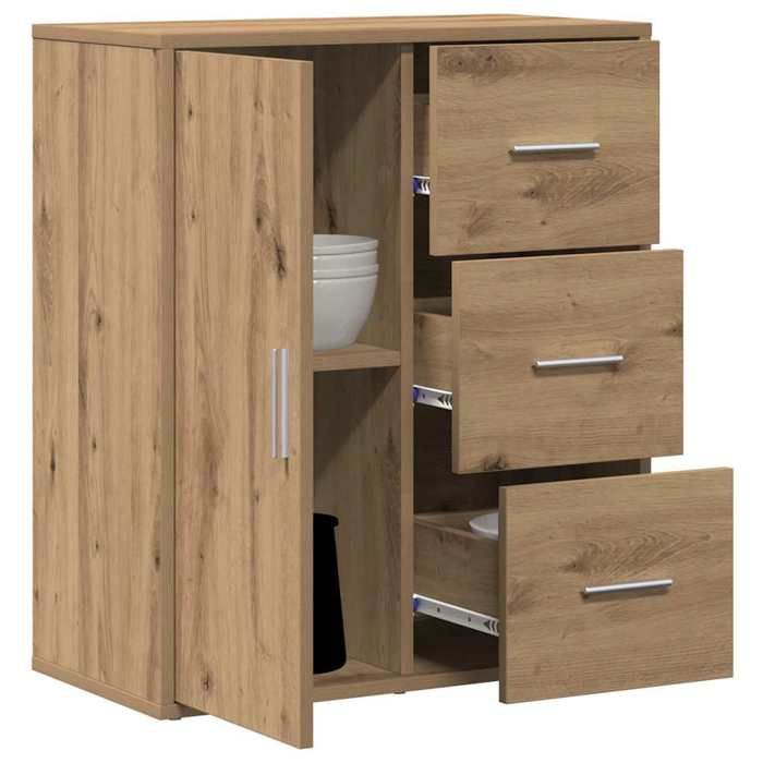 Buffet en bois dingénierie - vidaXL - Chêne artisanal - 60x31x70 cm - 3 tiroirs - 1 porte pivotante à 90°