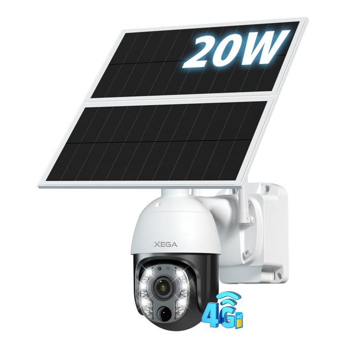 Xega Caméra de Surveillance 4G LTE 5MP avec SIM – Zoom Optique 10x Panneau Solaire 20W Batterie 30 000 mAh Vision Nocturne IP65