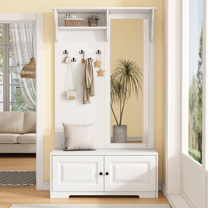 Meuble d’Entrée 100×40×180 cm avec Miroir 5 Crochets Banc de Rangement et 2 Placards Vestiaire Blanc MDF Meuble d’Entrée 100×40×180 cm avec Miroir 5 Crochets Banc de Rangement et 2 Placards Vestiaire Blanc MDF