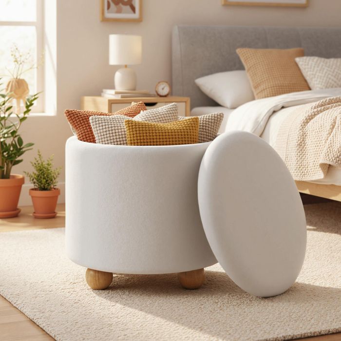 Tabouret Pouf Coffre Rembourré - RELAX4LIFE - 35L - Couvercle Amovible - Pieds en Bois de Caoutchouc - 44 5X44 5CM - Blanc