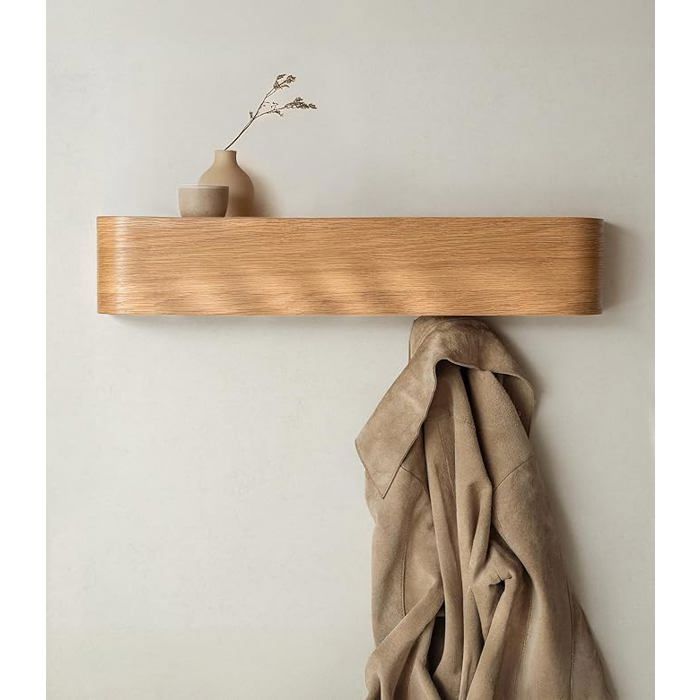 2 Pcs Porte-Manteau Mural Bois Design Moderne avec Crochets Muraux Cachés Panneau en Placage de Bois Massif Chêne