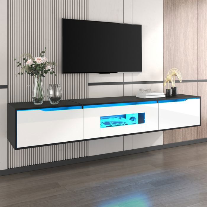 Meuble TV - 180 x 35 x 30 cm laqué - Noir et blanc - Éclairage LED 16 couleurs - Pose au sol ou mural